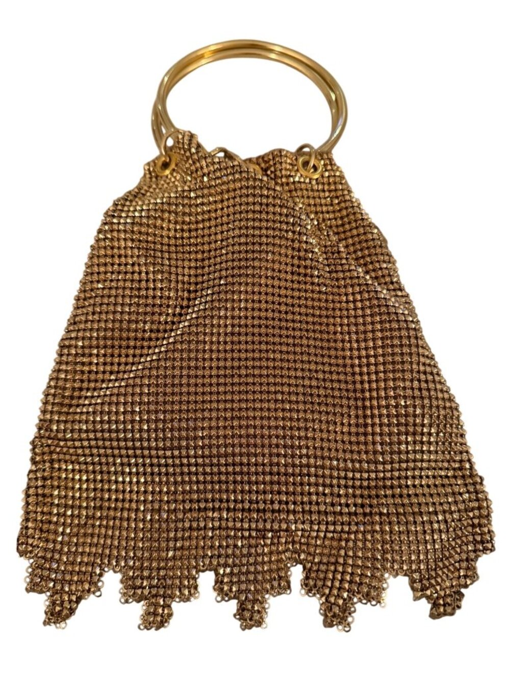 Whiting & Davis Womens Gold Mesh Evening Bag Ring Handles Ruffled Fringe Vintage